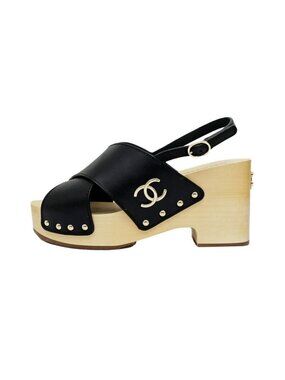 Chanel Wedge Sole Sandals Black Gdhardware Size 38 C Shoes